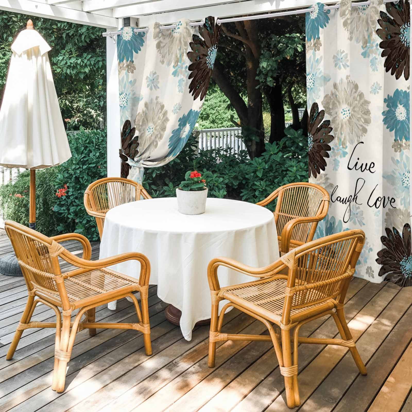 Brown Blue Flower Outdoor Curtains for Patio, Laugh Love Live Plant Farmhouse Sunshade Privacy Drapes Grommet Waterproof Outside Curtains for Porch/Cabana/Balcony 54"x 108", 1 Panel