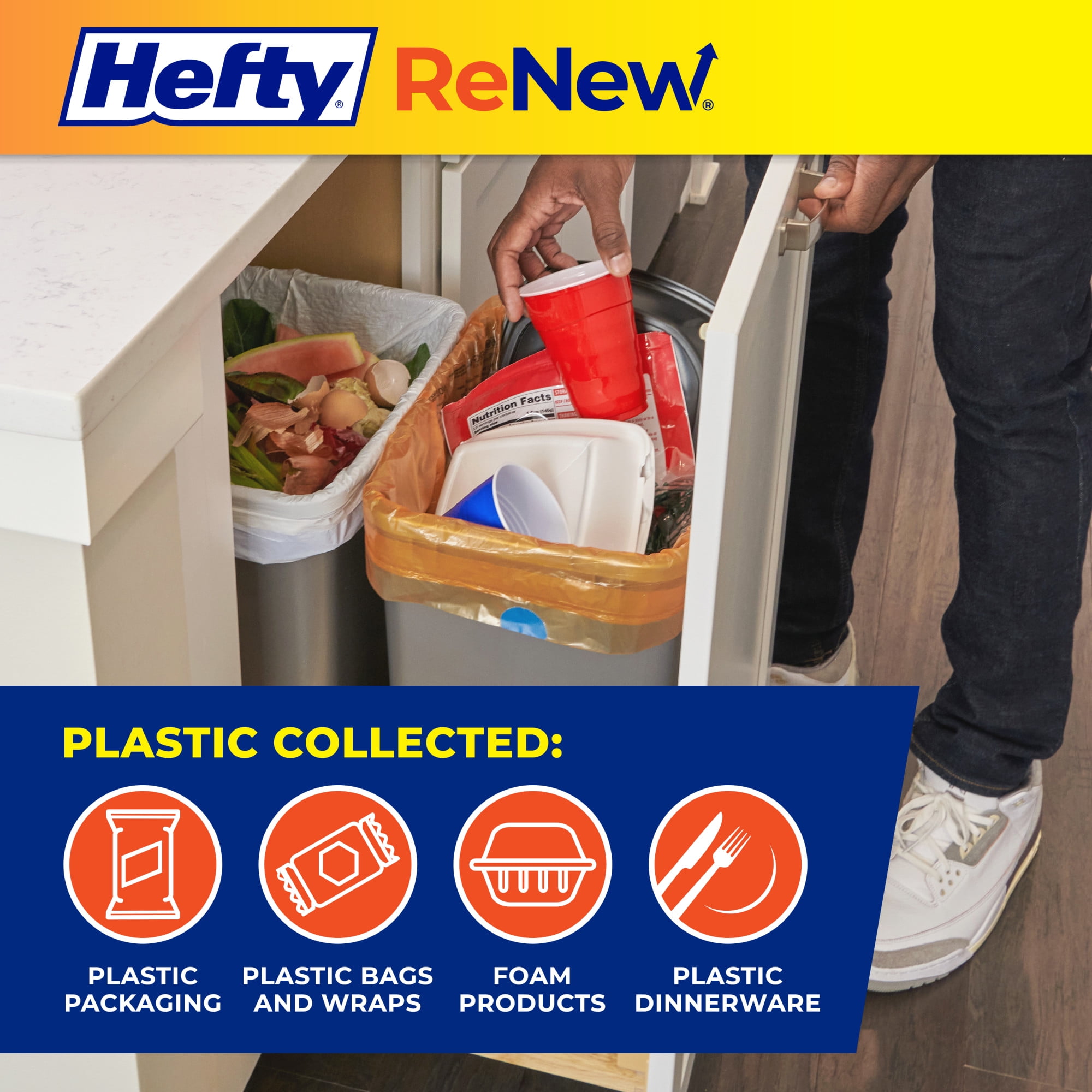 (9 pack) Hefty ReNew Orange Drawstring Bag for Hard to Recycle Plastics, Made with 20% Post-Consumer Recycled Materials, 20 Count