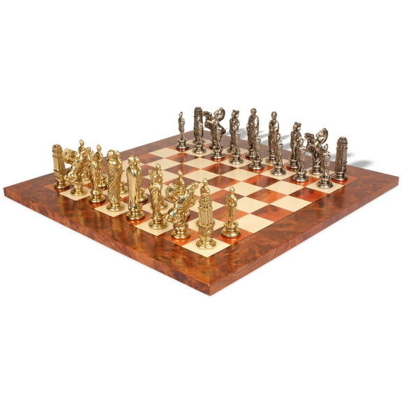 Caesar Theme Metal Chess Set with Elm Burl Chess Board