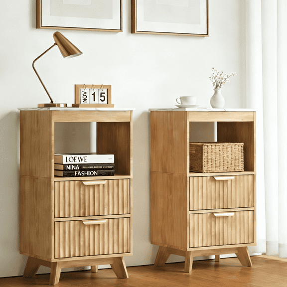YDN Tall Nightstand Set of 2 - Modern Bedside Table with Fluted Design & Charging Station, Wooden Bedsides End Table with 2 Drawers and Storage Shelf for Bedroom, Living Room,Nature