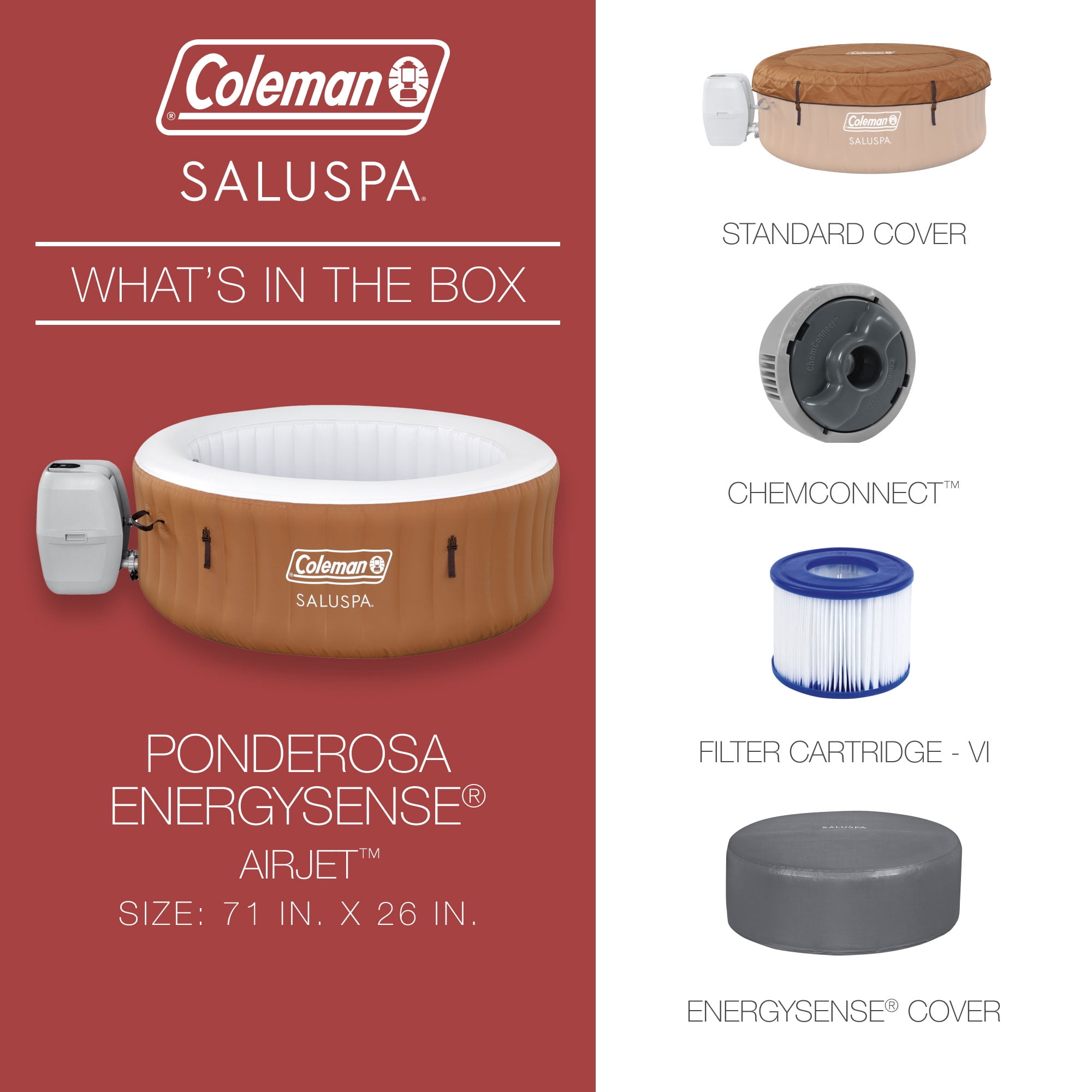 Coleman Ponderosa AirJet Inflatable Hot Tub with EnergySense Cover, 71"x26"