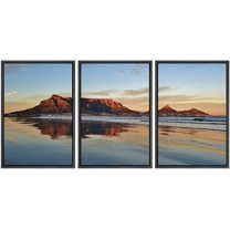 wall26 - 3 Piece Framed Canvas Wall Art - Landscape of Cape Town and Table Mountain at Sunrise - Modern Home Art Stretched and Framed Ready to Hang - 16"x24"x3 BLACK