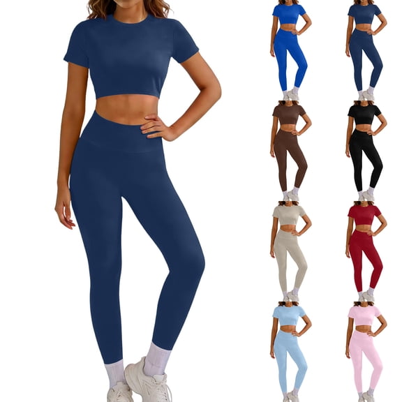 UDAUDU Womens Seamless 2 Piece Yoga Outfit Short Sleeve Crop Top And High Waist Leggings Exercise Set Navy M