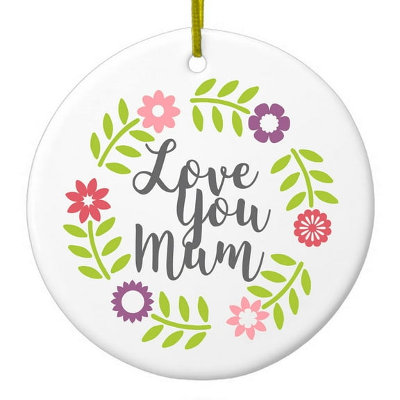 DistinctInk Hanging Ceramic Christmass Tree Ornament with Gold String - Great Gift / Present - 2 3/4 inch diameter - Love You Mum - Floral Border