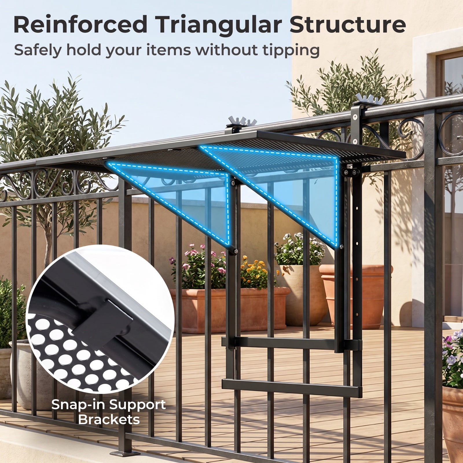 Biotree 48" Balcony Railing Table Set of 2 with 5-Level Adjustable Height for Patio Deck, Black