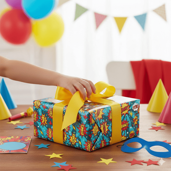 12 Sheets Comic Book Wrapping Paper, Pop Art Action Print Gift Wrap for Kids Birthday Parties & Superhero Fans, 19.7" x 27.6"