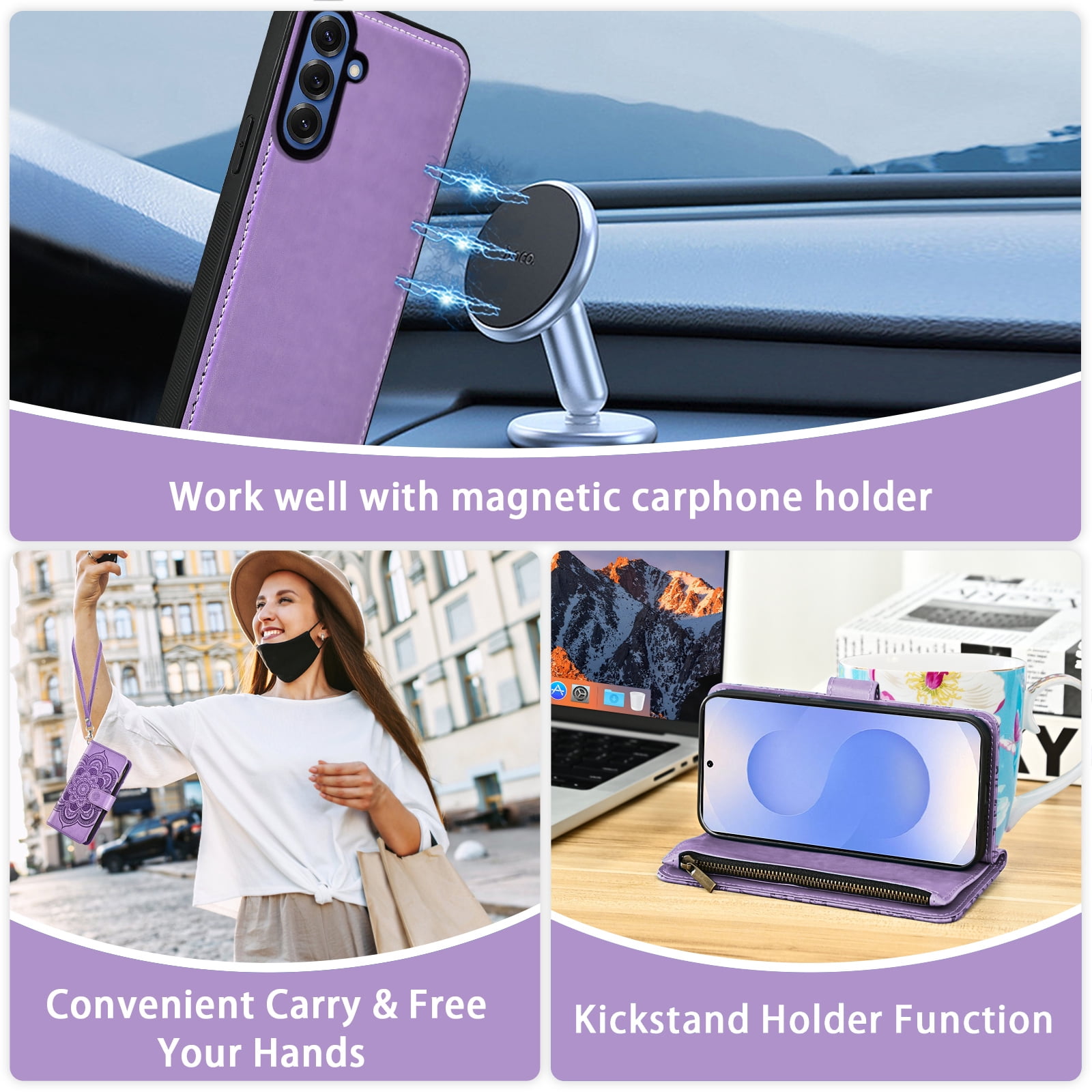 Asuwish Phone Case for Samsung Galaxy S25 5G Zipper Wallet Magnetic Detachable Cell Cover with Tempered Glass Screen Protector Crossbody Strap Flower Card Holder Slot S 25 25S G5 Women Girls Purple