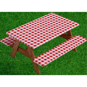Sorfey Vinyl Picnic Table Fitted Tablecloth Cover, Checkered Design, Flannel Backed Lining, 28 x 72 Inch, Red