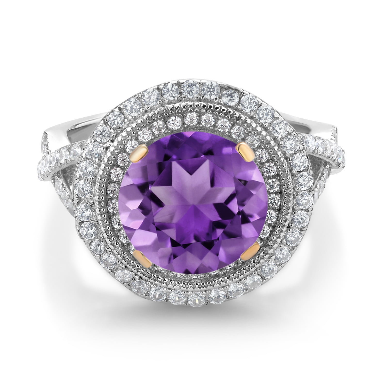 Gem Stone King 18K Two-Tone Sterling Silver Round Purple Amethyst Ring for Women | 3.00 Cttw | Gemstone Birthstone | Wedding Engagement Anniversary Promise Ring for Women | Siez 5