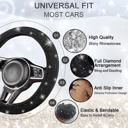 8 PCS Bling Car Accessories, Sparkly Rhinestone Diamond Steering Wheel Cover, Bling Seat Belt Cushion, Glitter Shift Knob Cover, Car Cup Holder Coaster, Cute Interior Sets Black Bl