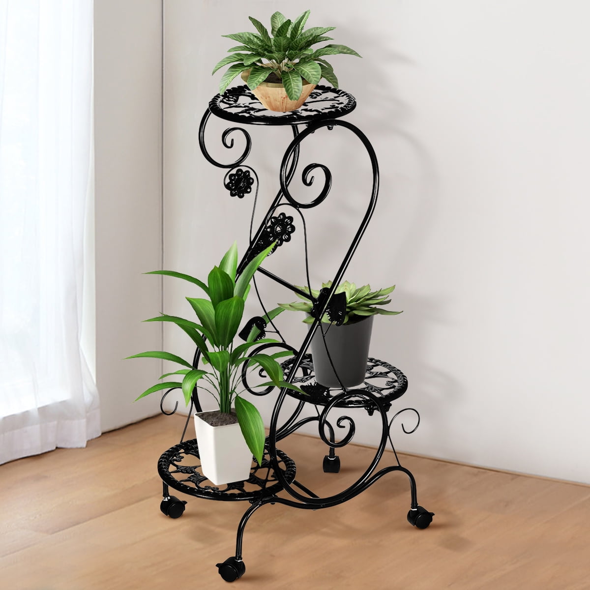 3 Tier Metal Plant Stand Shelf with Movable Wheels Flower Rack Display ...