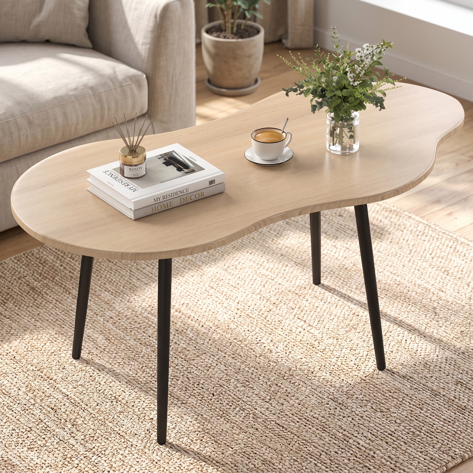 Furnibear Cloud Shape Coffee Table, 39.5 Inch Irregular Free Form Center Table with Sturdy Metal Frame, Wide Engineered Wood Top Accent Side Table for Living, Natural