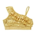thumbnail image 3 of Yartina Kids Girls Asymmetrical Ruffled Sequin Performance Crop Tops Modern Jazz Hip Hop One Shoulder Dance Costume Gold 8, 3 of 7