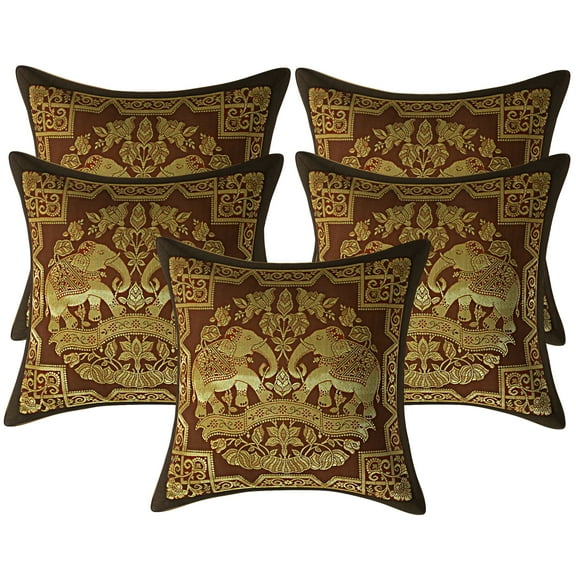 Stylo Culture Ethnic Living Room Brocade Coffee Brown And Gold Throw Pillow Covers 12x12 Jacquard Weave Banarsi Thanksgiving Throw Pillow Covers Elephant Floral 30x30 cm Cushion Covers (Set Of 5)