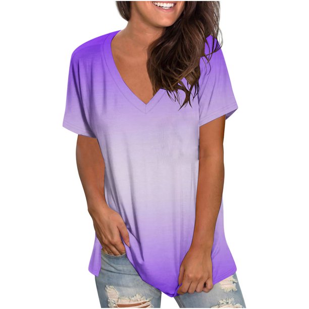 ICHUANYI Clearance Women's Fashion Printing Casual V-neck Short Sleeve Loose T-shirt Tops(Purple, L) ICHUANYI WER2023081113126