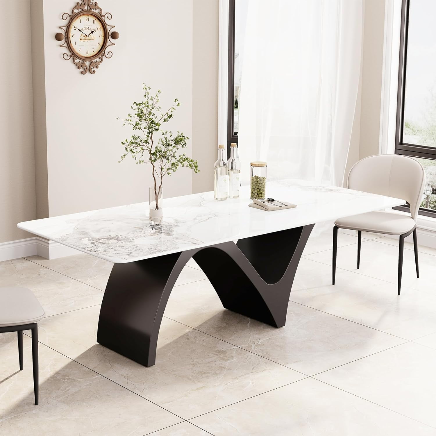 Modern Dining Table for 6, Sintered Stone Dining Tabletop with Unique N-Shaped Metal Base, 71" Rectangle Dining Table for Dining Room Table Kitchen (Table Only)