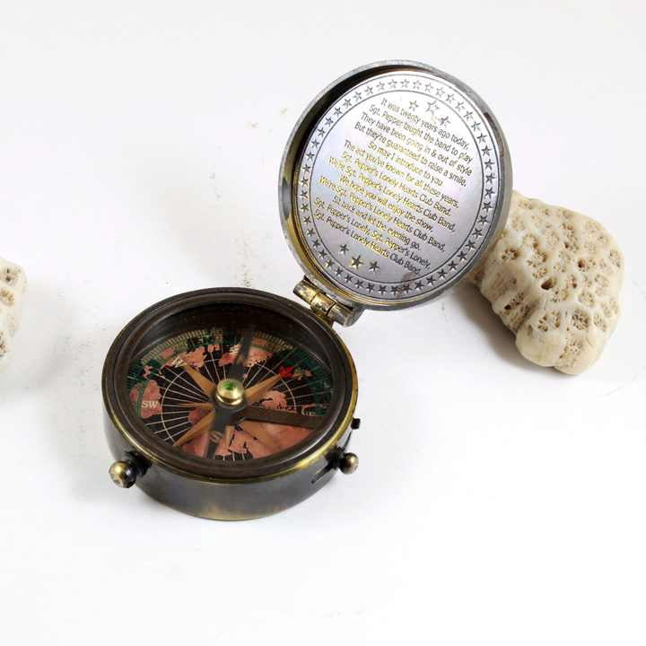 Antique Nautical Brass Pocket Compass with Engraved Text Metal and Alloy Leather Case