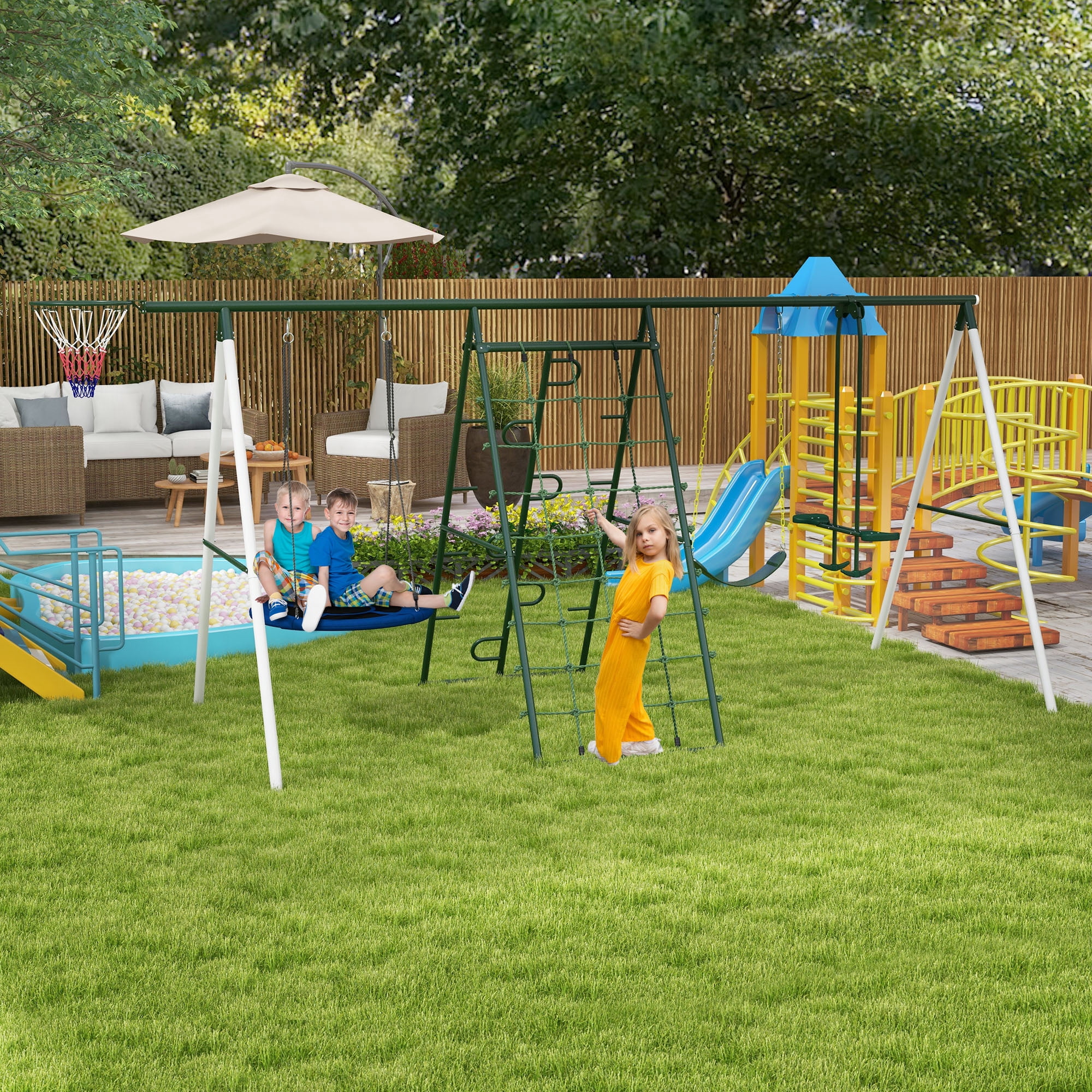 Aukfa 7 in 1 Kids Swing Set with Slide, Outdoor Heavy-Duty Metal Playset with Climbing for Backyard, Blue