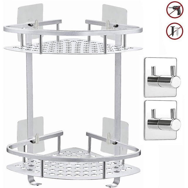 Estante de esquina de pared para baño sin perforación + ganchos autoadhesivos: cesta de estante adhesiva de 2 niveles y 2 ganchos de baño resistentes de acero inoxidable 304 para