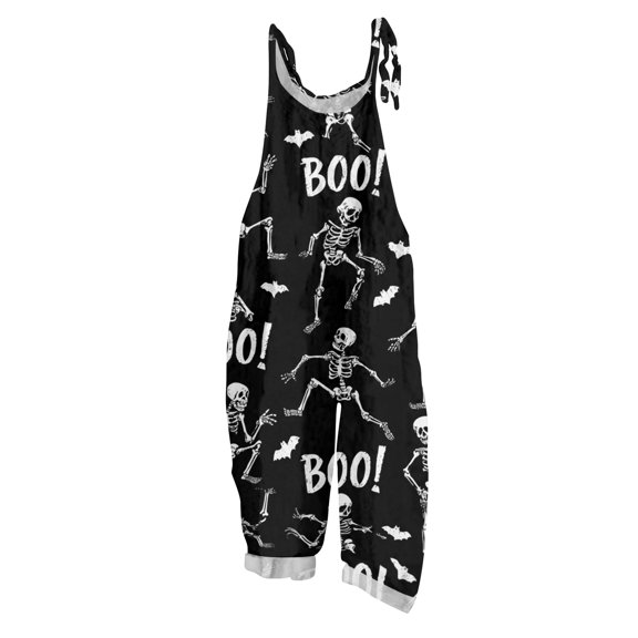 EANJE Halloween Formal Jumpsuits for Women Sleeveless Oversized Jumpsuits Womens Overall Wide Leg Gothic Skull Floral Print Straps Romper Holiday Bib Overalls Fall Outfits Black 3XL