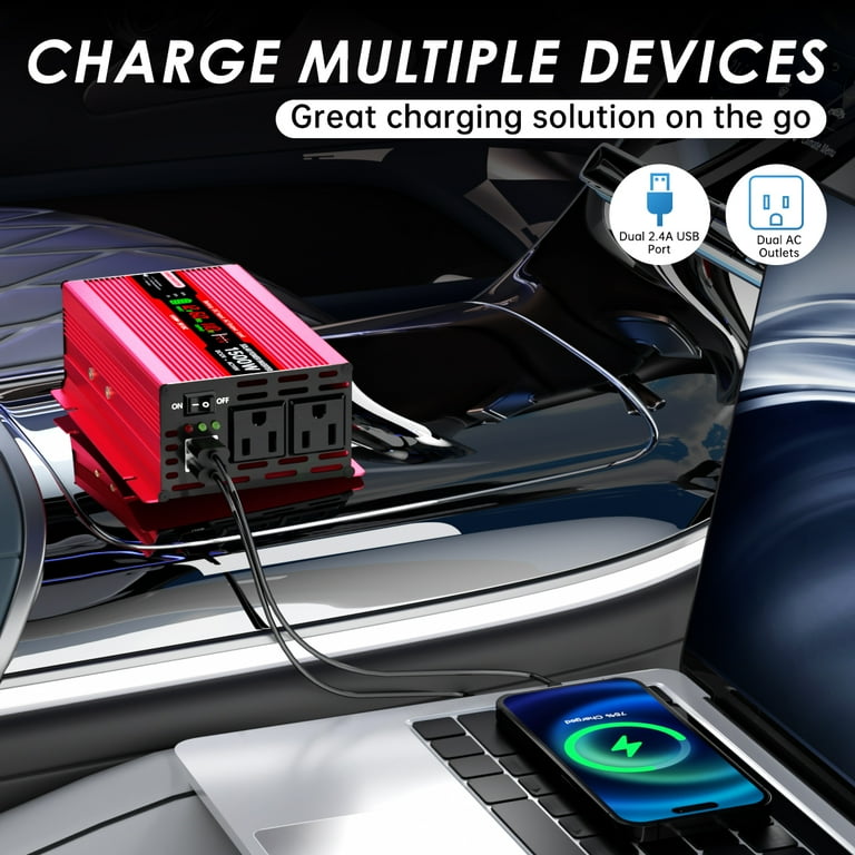 1500 watt inverter cigarette lighter Power Inverter,Modified Sine Wave Inverter DC 12V to AC 110V Converter with  LCD Display,1500W Peak Car Inverter with Dual 2.4A USB Port,Car Adapter