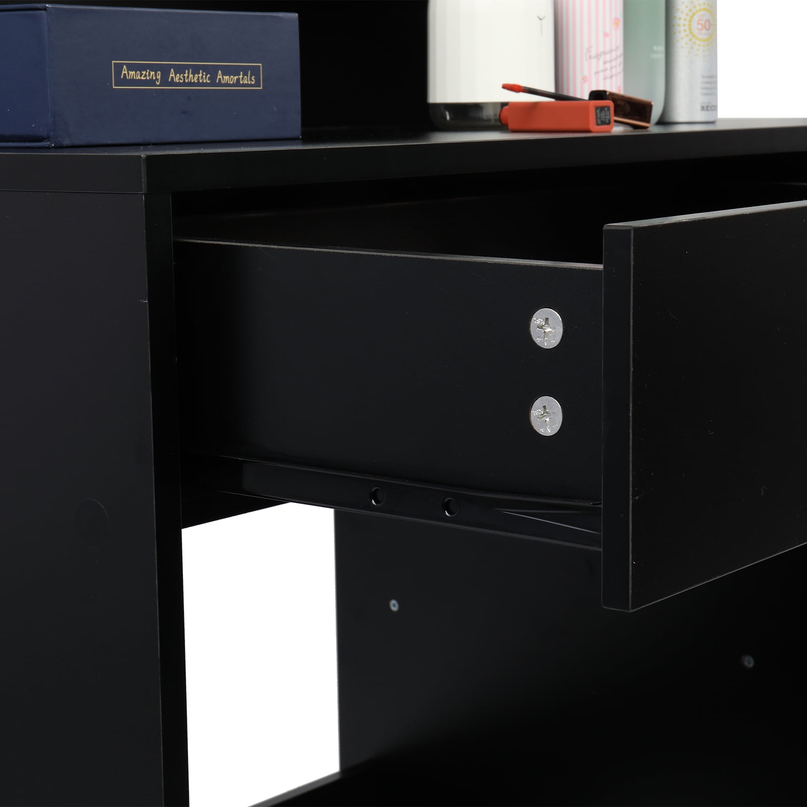 YYAo Farmhouse Vanity Desk Set, Makeup with Lighted Mirror and Stool, Dressing Table with Drawers and Storage Shelves for Bedroom, Black YYAo Farmhouse Vanity Desk Set, Makeup with Lighted Mirror and Stool, Dressing Table with Drawers and Storage Shelves for Bedroom, Black