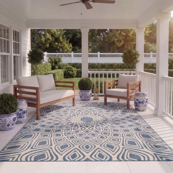 SAFAVIEH Courtyard Thane Nautical Indoor/Outdoor Area Rug, 9' x 12', Blue/Beige