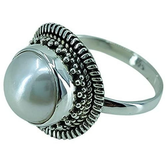 Navya Craft Freshwater Coin Pearl 925 Sterling Silver Handmade Women Statement Ring, Pearl Jewelry Size 4.0