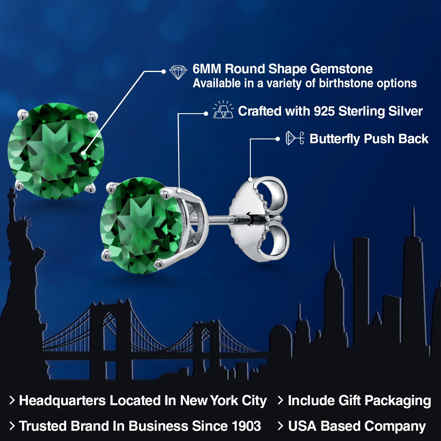 Gem Stone King 925 Sterling Silver Green Nano Emerald Stud Earrings for Women Men (1.54 Cttw, Gemstone May Birthstone, Round 6MM)