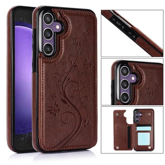 for Samsung Galaxy S24 Plus Case Wallet with Card Holder, Floral Flower Pattern Back Flip Folio PU Leather Kickstand Card Slots Case for Women Girls, Double Magnetic Clasp Shockproof Cover, Brown