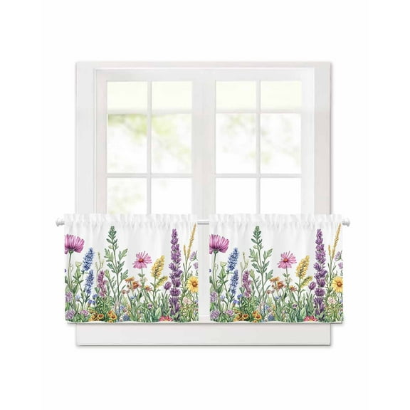 Spring Wildflower Short Blackout Curtains 30 Inch Long Farmhouse Colored Flowers Rod Pocket Kitchen Curtains, 2 Panels Thermal Insulated Room Darkening Drapes for Bedroom, 42"W x 30"L