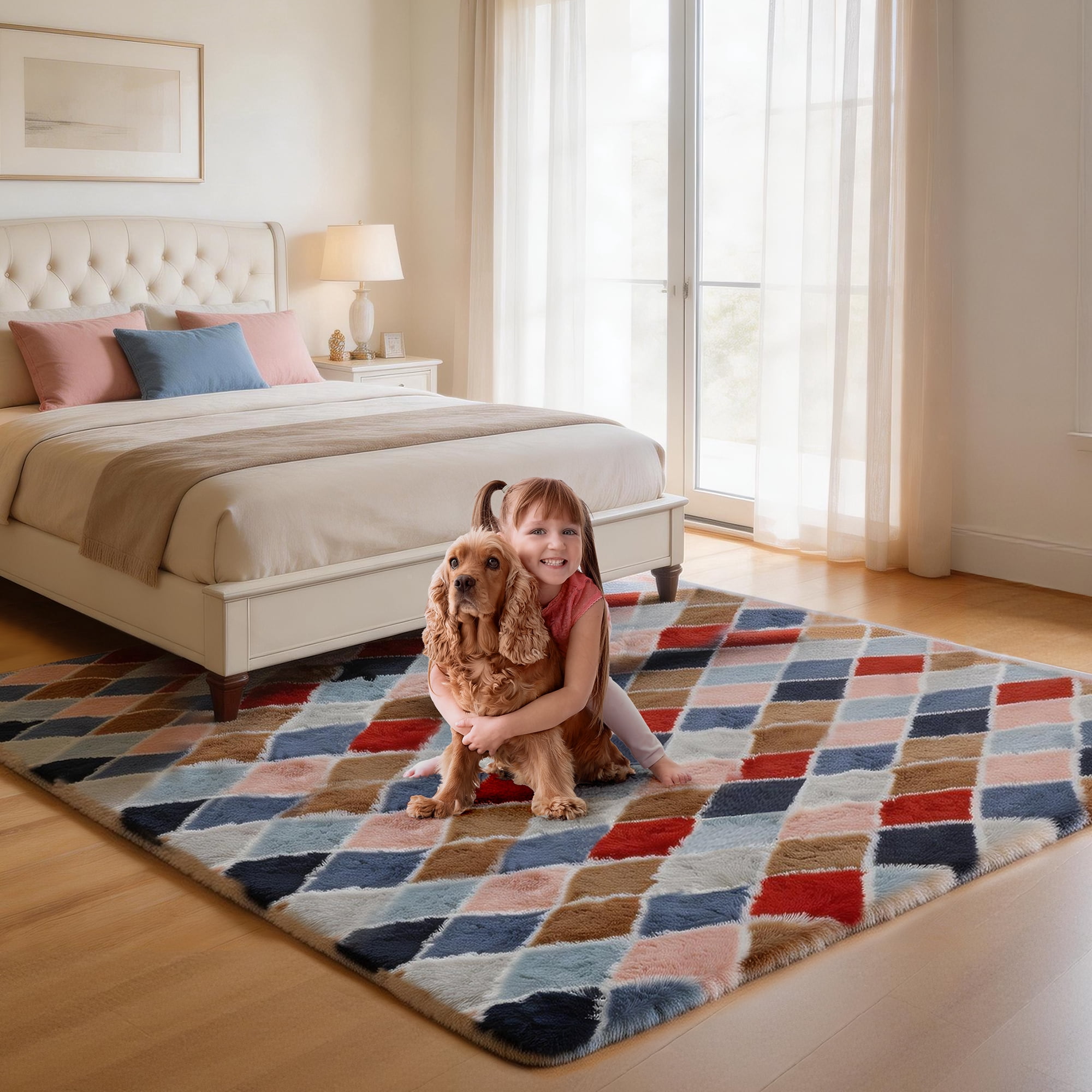 CozyDesg 8ftx10ft Area Rugs,Shag Fluffy Checkered Rugs for Living Room,Bedroom,Modern Room Decor Carpet, Non-Slip Floor Rug,Colorful A
