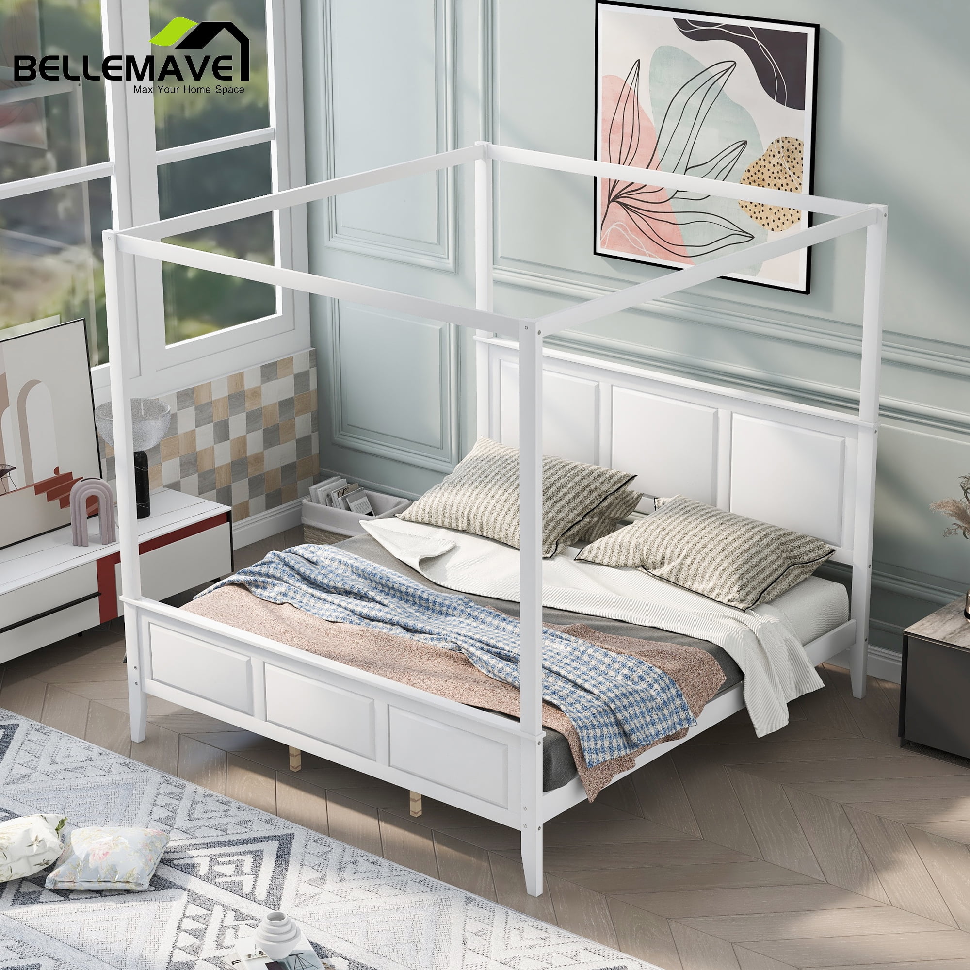 Bellemave White Wood Frame King Size Wood Canopy Bed Platform Bed with