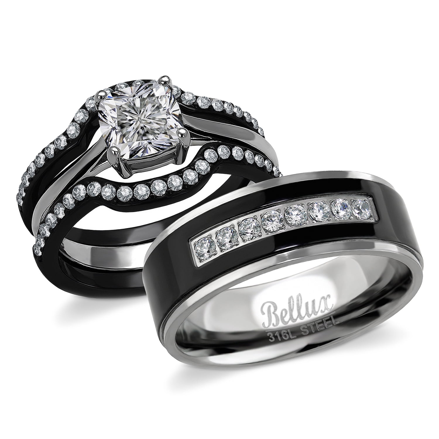 His Hers 4 Pc Black Stainless Steel & Titanium Wedding Engagement Ring Set ca 