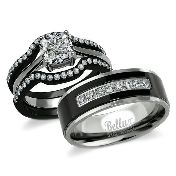 His and Hers Wedding Ring Sets Black Stainless Steel and Titanium ...