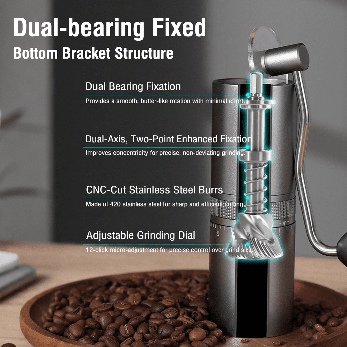 Manual Stainless Steel Coffee Grinder - 60 Adjustable Settings, Detachable Hand Crank, Portable Grinder for Espresso/French Press, Home & Travel Use