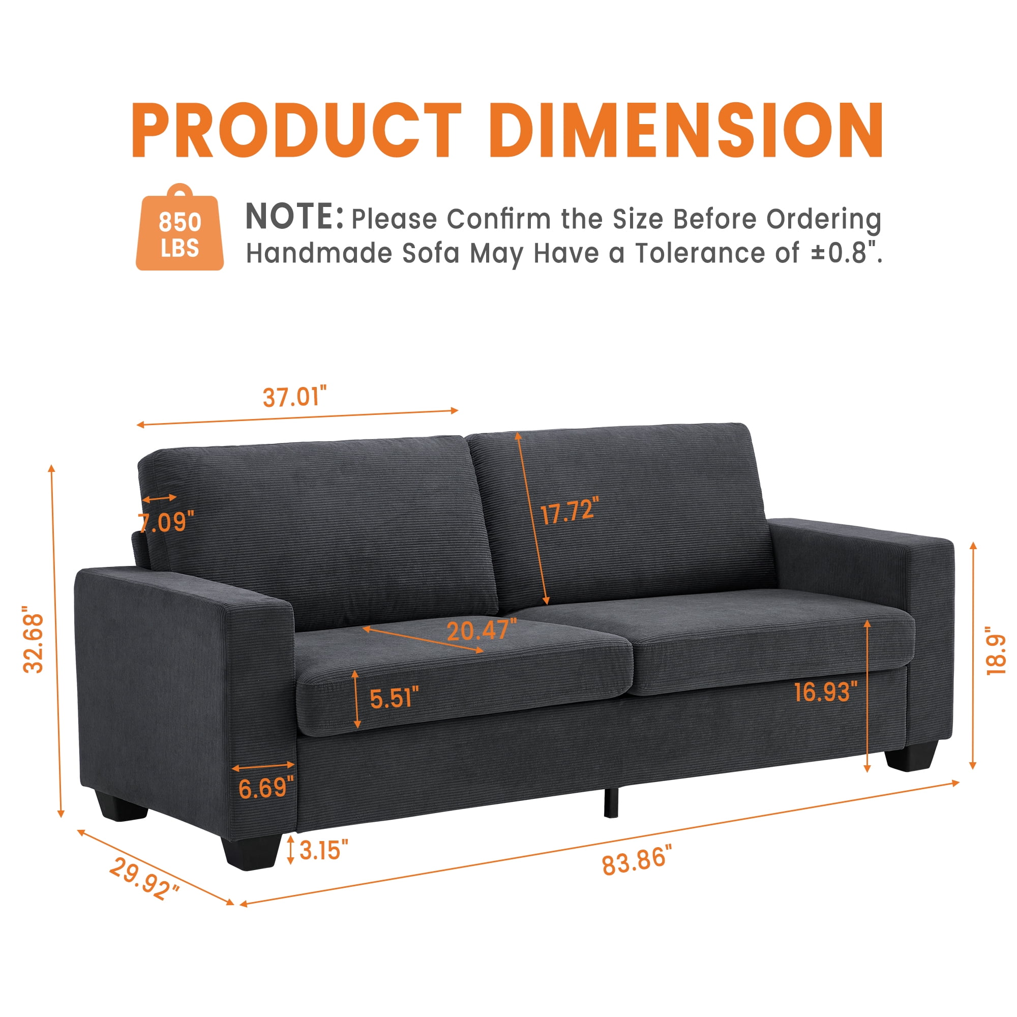 Kicctian 83" Wide 3-Seater Corduroy Couch with Deep Seat, Modern Sofa with Washable Covers and Wide Armrests, Comfortable Loveseat for Living Room, Bedroom, Office or Small Spaces,Grey