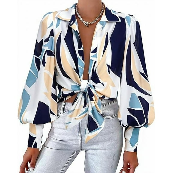 FreshPretty Women Fashion Button Down Shirts V Neck Printed Solid Boho Long Sleeve Blouses Dressy Casual Summer Fall Tops