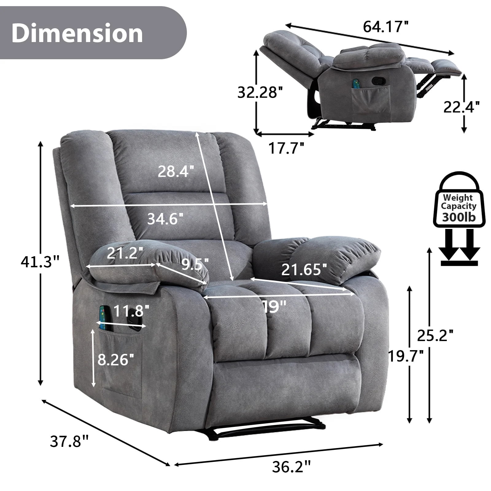 Ebello 36'' Massage Recliner Chair with Heat and Vibration – Soft Fabric Manual Reclining Chair for Living Room and Bedroom – Light Gray