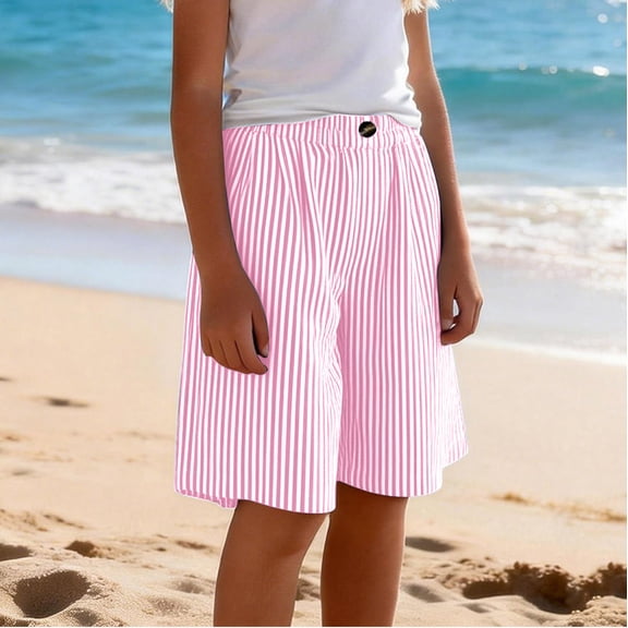 Girls Shorts Size 10-12 for School Striped Lightweight Pants Summer Stretch Elastic Waist Bermuda Shorts 4-13 Years Pink 120