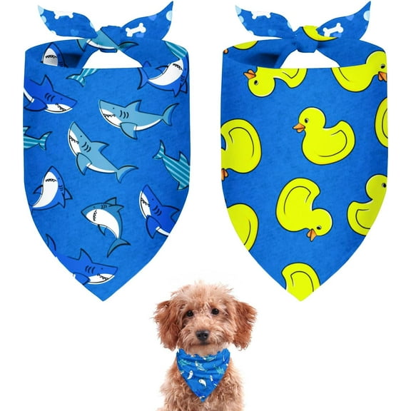Summer Dog Bandanas 2 Large Pack,Yellow Rubber Ducky,Blue Ocean Sharks Reversible Adjustable Triangle Pet Scarves for Boy and Girl,Cute Animals Bandana for Small Medium Large Dogs Cats(Medium)