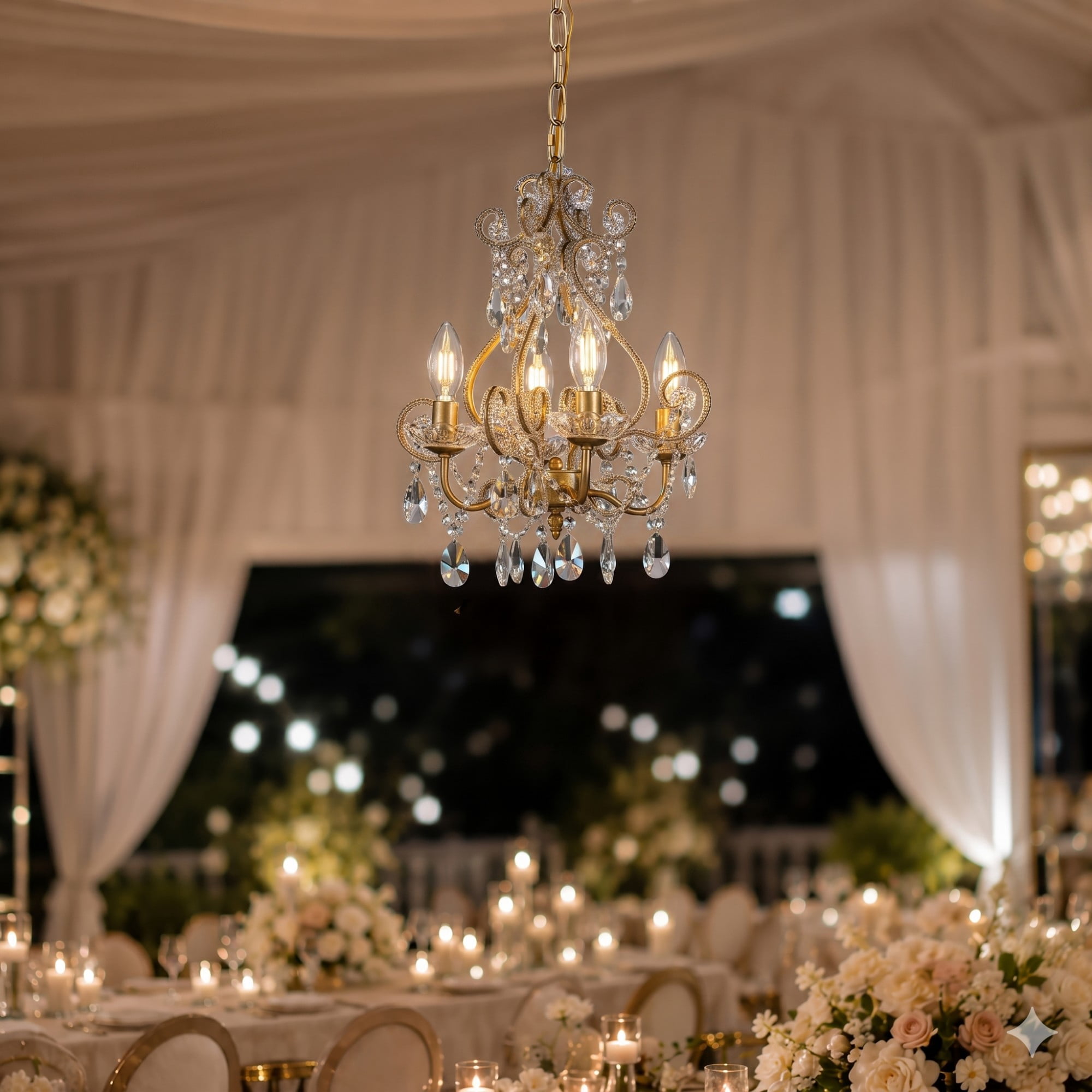 4-Light Antique Gold Crystal Candlestick Chandelier with Teardrop Beads Chandelier