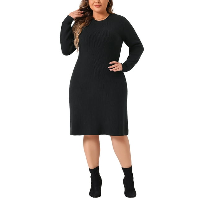 Vestido de suéter de mujer de tallas grandes Agnes Orinda, cuello redondo, de manga larga, suéter de punto, vestido de otoño e invierno, 3X, negro