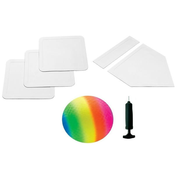 Kickball Set with Bases, Rubber Throw Down Plates With Rainbow Ball And