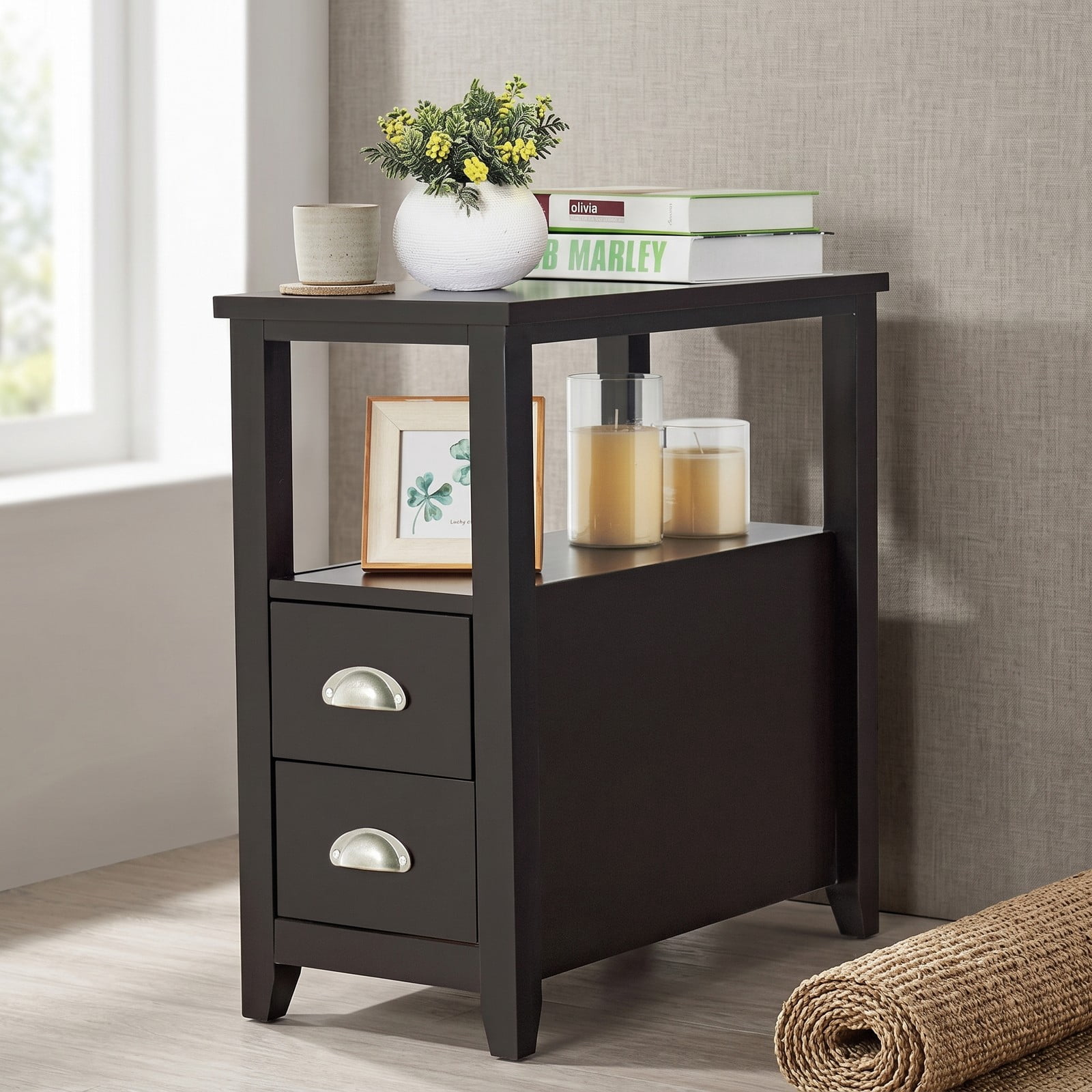 Furnibear Narrow Nightstand with 2 Drawers and Open Shelf Wooden Bedside End Table for Bedroom and Living Room, Dark Brown