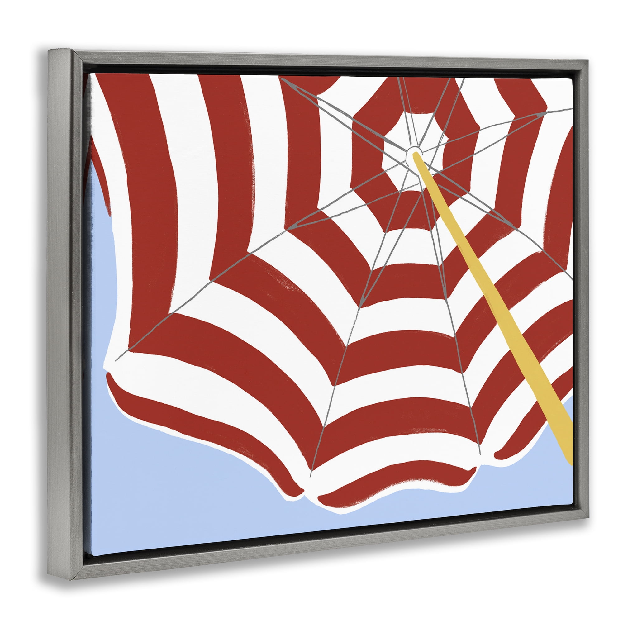 Stupell Industries Red & White Umbrella Coastal Painting Gray Floater Framed Canvas Art Print Wall Art, 31 x 25