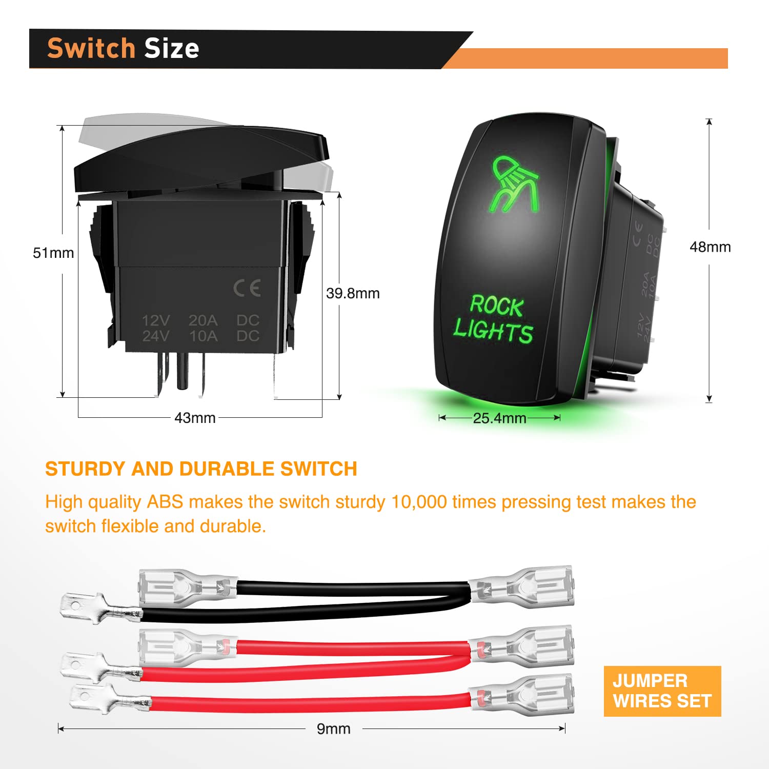 Waywe Rock Lights Rocker Switch Led Light Bar Switch 5Pin Laser On Off SPST switches 20A 12V 10A 24V Switch Green with Jumper Wires Set for Cars Trucks RVs