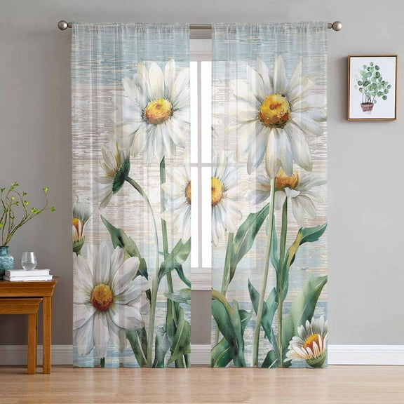 Vintage Flowers Sheer Curtains 84 Inches Long 2 Panels Set, Window Sheer Curtains for Living Room/Bedroom, White Daisy Spring Floral Summer Botanical Light Filter Rod Pocket Curtain 52'' x 84'' x 2