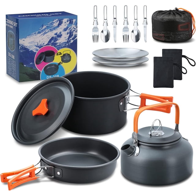 Juego de Cocina Camping, Bateria de Cocina Camping Juego de Utensilios de Cocina para Acampar 16 Piezas, para Acampar y Caminar Juego de Sartenes para Mochileros