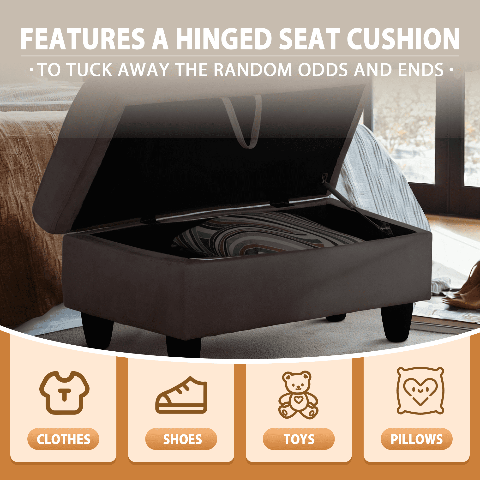 WRTEYEUI Ottoman Rectangular Storage Ottoman Bench, Flannel Footrest Stool Footstool with Lid for Living Room, Bedroom, Entryway, Dark Coffee, 28.5"x19"x17.5"